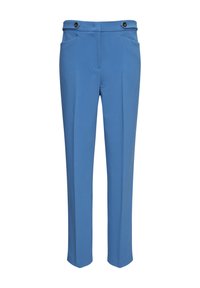 Pantalons bleus sur mesure en tissu lisse. Comprend deux poches avant, une taille avec deux boutons et une coupe droite.