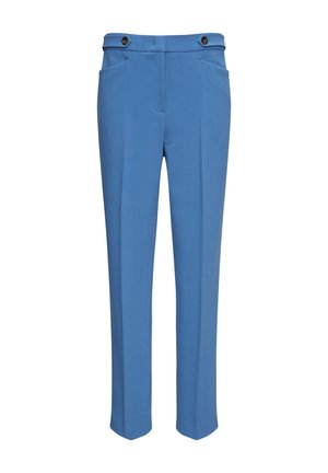 Maßgeschneiderte blaue Hose aus glattem Stoff. Verfügt über zwei Vordertaschen, einen Bund mit zwei Knöpfen und ein gerade geschnittenes Design.