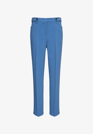 Maßgeschneiderte blaue Hose aus glattem Stoff. Verfügt über zwei Vordertaschen, einen Bund mit zwei Knöpfen und ein gerade geschnittenes Design.
