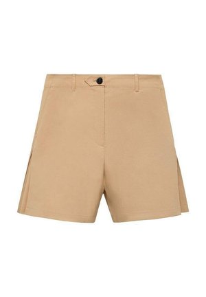 Beige Baumwollshorts mit maßgeschneidertem Design, seitlichen Falten, Fronttaschen und einem schwarzen Knopfverschluss. Glatte Stoffoberfläche.