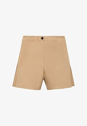 Beige Baumwollshorts mit maßgeschneidertem Design, seitlichen Falten, Fronttaschen und einem schwarzen Knopfverschluss. Glatte Stoffoberfläche.