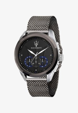 Maserati ur med sort skive, sølv rustfrit stålhus, blå og sorte kronografdetaljer samt en struktureret meshrem.