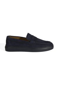 Bottines en daim bleu marine avec un embout arrondi, des coutures minimales et un accent texturé sur le dessus. Semelle en caoutchouc pour une traction.