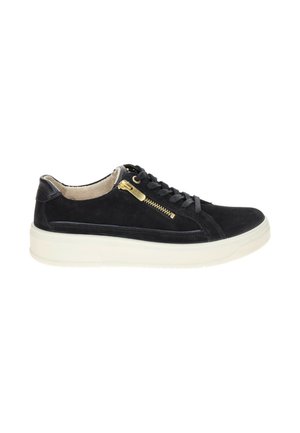 Black suede low-top sneaker with white sole, black laces, and gold side zipper detail on a white background.