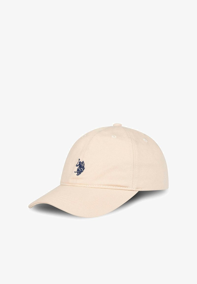 Beige cotton baseball cap with a curved brim; features a dark blue embroidered logo on the front and white ventilation eyelets.