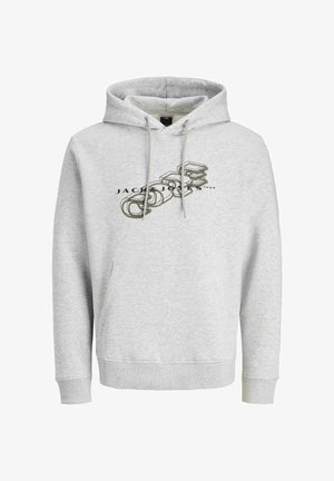 Sweat-shirt à capuche gris clair avec poche kangourou à l'avant et texte stylisé "CORE" chevauchant "JACK & JONES 1990" sur la poitrine.