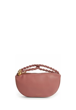 Kleine staubrosa Handtasche mit geflochtenen Doppelhenkeln und goldfarbenem Verschluss, abgerundetem Boden und dezentem "Ted Baker London"-Logo in Gold.