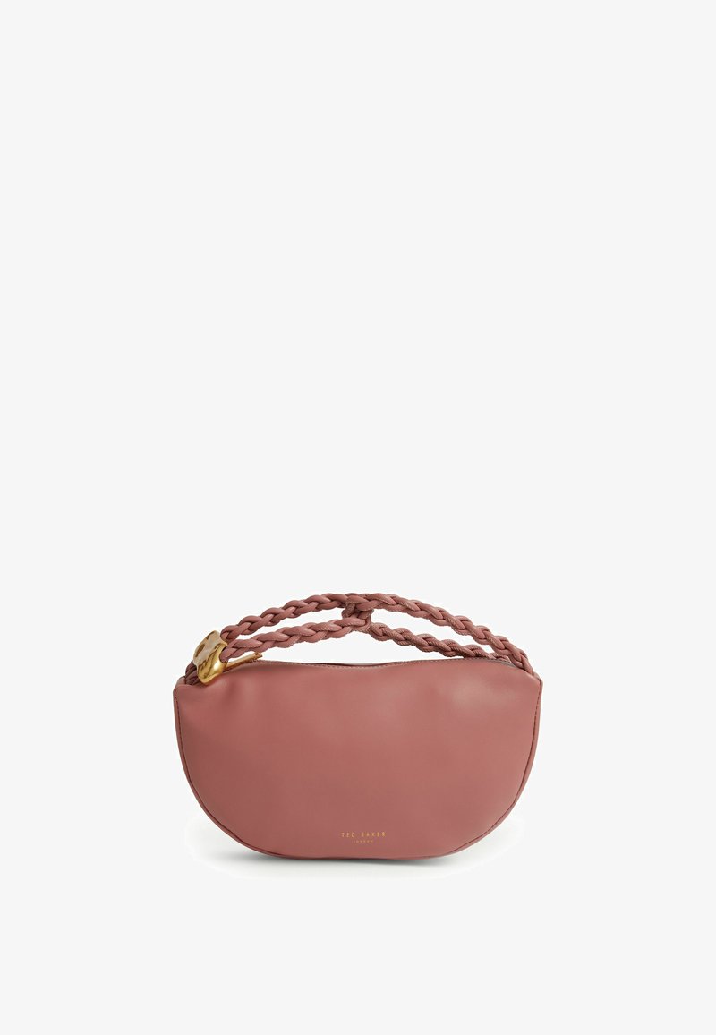 Petit sac à main rose poudré avec doubles poignées tressées et fermoir doré, fond arrondi et discret logo "Ted Baker London" en doré.