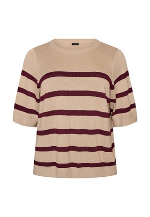 Zizzi, GESTREIFTES STRICKTOP MIT KURZEN ÄRMELN - Μπλουζάκι με στάμπα - beige