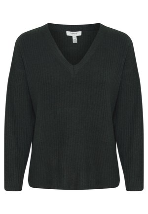 Tumši zaļš ribots džemperis ar V veida kakla izgriezumu, garām piedurknēm un brīvu piegriezumu. Izgatavots no mīksta, strukturēta auduma ar niansētu krāsu variācijām.