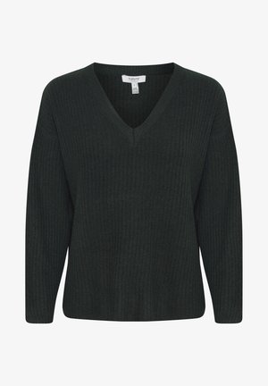 Tumši zaļš ribots džemperis ar V veida kakla izgriezumu, garām piedurknēm un brīvu piegriezumu. Izgatavots no mīksta, strukturēta auduma ar niansētu krāsu variācijām.