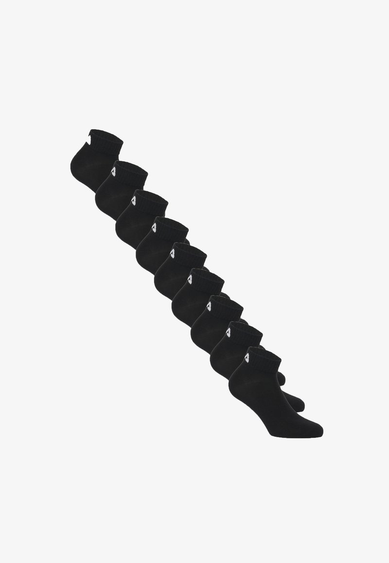 Neuf paires de socquettes noires avec un petit logo blanc près du bord, disposées en diagonale sur un fond blanc.