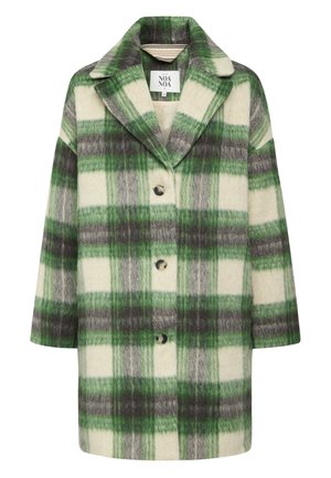 Manteau en mélange de laine vert et gris à carreaux, avec un col à revers, quatre boutons et de larges manches. Texture douce et silhouette surdimensionnée.
