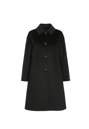 Zwarte wollen jas tot op de knie met lange mouwen, een puntige kraag en vier knopen aan de voorkant, afgebeeld tegen een witte achtergrond.