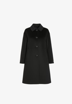 Sort knælange uldfrakke med lange ærmer, en spids krave og fire forreste knapper, vist på en hvid baggrund.