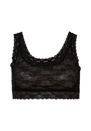 Zwarte kanten bralette met een bloemmotief, voorzien van brede banden, een ronde halslijn en een golvende kanten afwerking langs de randen en de zoom.