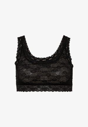 Black lace bralette with a floral pattern, featuring wide straps, a scoop neckline, and scalloped lace trim along the edges and hem.