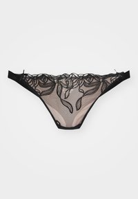 Black lace thong with floral embroidered design, sheer mesh fabric, scalloped edges, and soft, smooth texture; minimalistic cut.