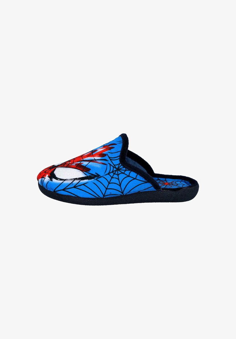 Zapatillas temáticas de Spider-Man con diseño azul y rojo con patrones de telaraña. Tela suave, trasera abierta y suela acolchada.
