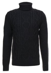 Maglione a collo alto in lana con lavorazione a trecce nero, maniche lunghe e polsini e orlo a costine.
