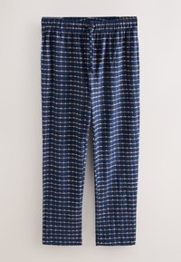 Pantalon de pyjama bleu marine avec une taille élastique et un motif de rayures blanches horizontales et verticales formant un motif en grille.