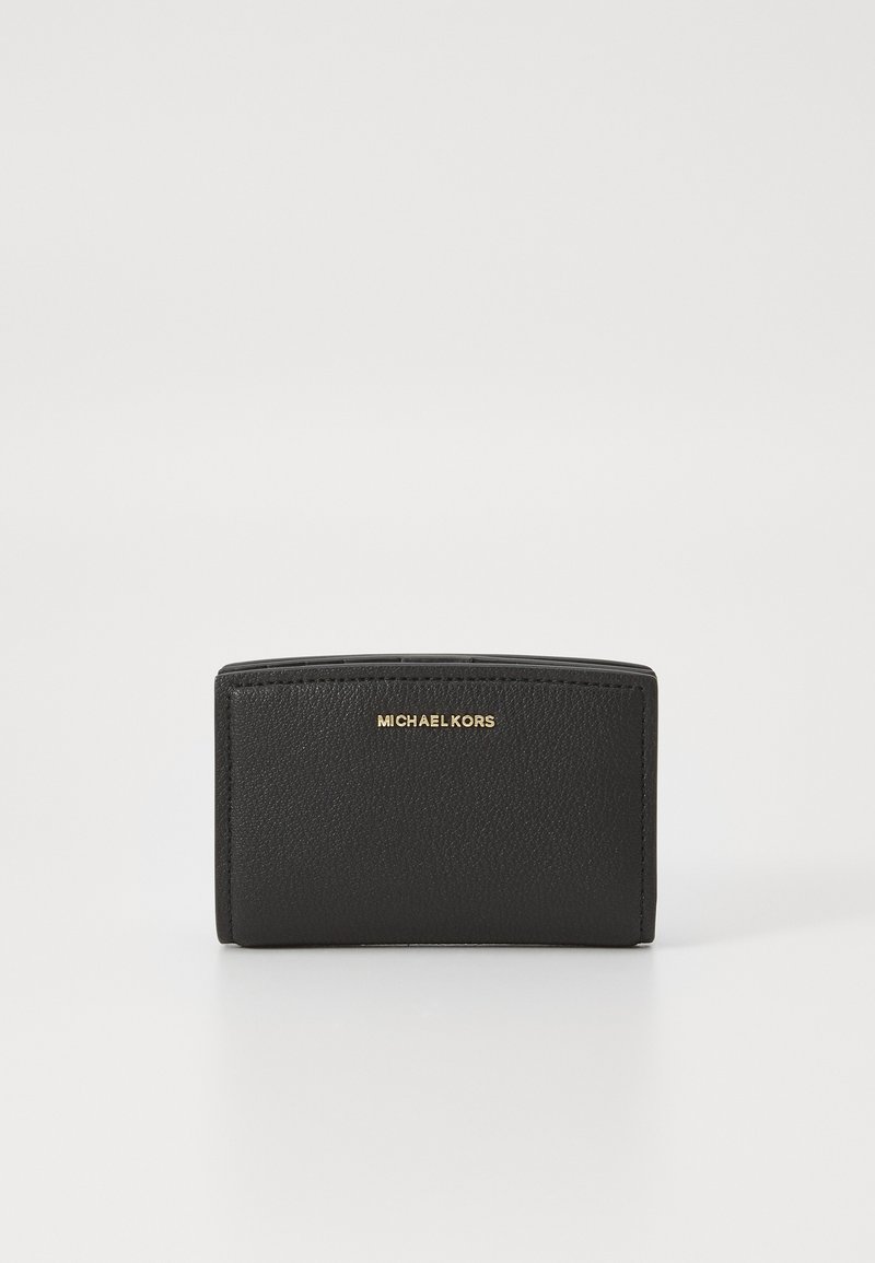 Black leather wallet with a textured finish, featuring a gold logo, minimalist design, and a compact rectangular shape.