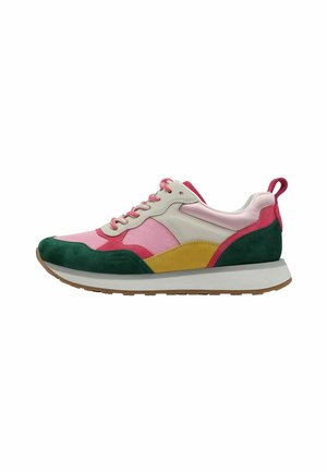 Zapatillas que combinan materiales como ante y nailon en verde, rosa, amarillo y beige. Diseño con cordones, cuello acolchado y suela texturizada.