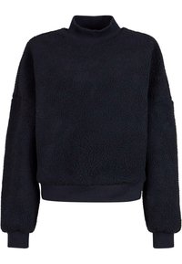 Sweat-shirt en polaire noir texturé avec un col montant, des épaules tombantes et des poignets et un ourlet côtelés. Coupe décontractée et oversize.
