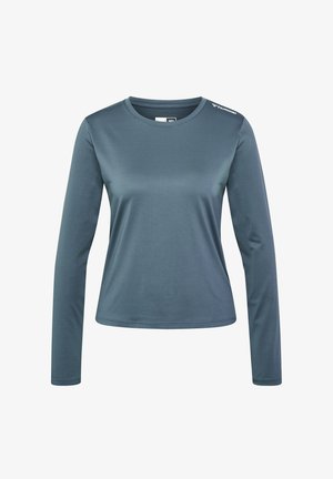 Langærmet træningsskjorte i mørk teal, tekstureret stof med rund hals og logodetalje på skulderen. Glat overflade, tætsiddende facon.