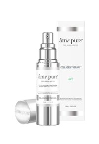 Kollagenterapigel i en klar, silverfärgad pumpflaska med en vit etikett. Innehåller 30 ml produkt, med en stilren och modern design.