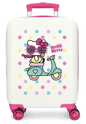 Maleta blanca con mango y ruedas rosas, con Hello Kitty usando gafas de sol y montando un scooter turquesa entre coloridos lunares.