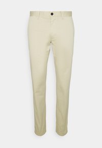 Beige chino kalhoty se střihem rovného nohavice, s knoflíkovým zapínáním, pěti kapsami a hladkým, lehkým bavlněným materiálem.
