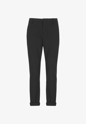 Pantaloni neri slim-fit con orli a risvolto e passanti per cintura, mostrati distesi su uno sfondo bianco.