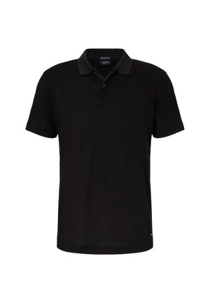 Zwarte polo met een gestructureerd patroon, korte mouwen en een kraag, met drie knopen bij de hals en een klein logo op de zoom.