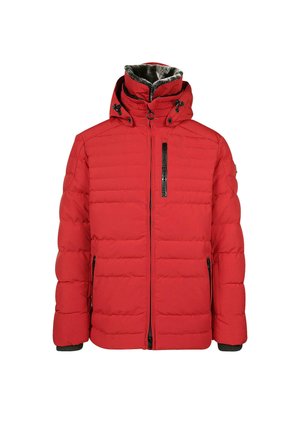 Rote isolierte Jacke mit durchgehendem Reißverschluss, abnehmbarer Kapuze und strukturiertem Stoff. Verfügt über Seitentaschen und schwarze Hardware-Akzente.