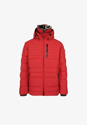 Rote isolierte Jacke mit durchgehendem Reißverschluss, abnehmbarer Kapuze und strukturiertem Stoff. Verfügt über Seitentaschen und schwarze Hardware-Akzente.