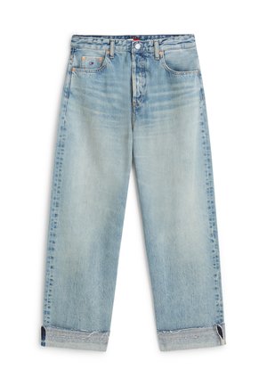 Lichtblauwe, vervaagde, recht gesneden jeans met omgeslagen pijpen, voor- en achterzakken, knoopsluiting en klein logo op de voorzak.