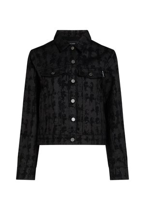 Black denim jacket with a textured pattern, two chest pockets, metal buttons, and a cropped design. Distressed detail enhances visual interest.