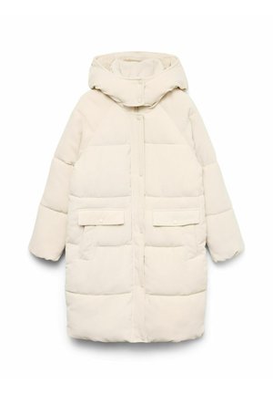 Beige pufferjakke med hætte, quiltede sektioner og ribbede skulderpaneler. Har to forlommer med trykknapper.