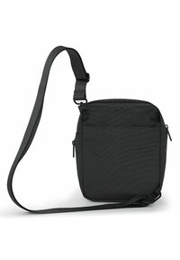 Black messenger bag, made of durable fabric. Features a wide shoulder strap, two zippered compartments, and a simple rectangular shape.