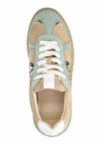 Light green and beige suede sneaker with a white accent, round toe, lace-up design, and textured sole. Features gold branding inside.