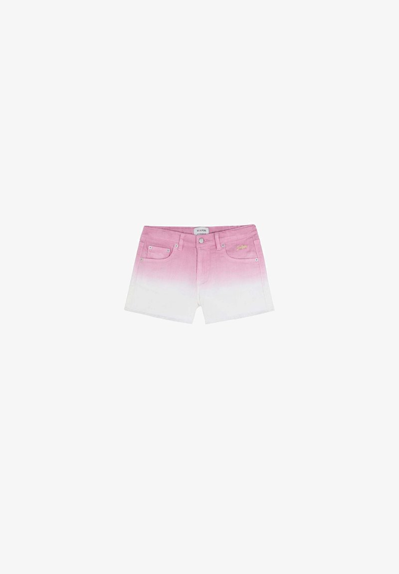 Denim shorts met een roze-witte gradient, vijf zakken en een metalen knoopsluiting. Zachte textuur met gestikte details.