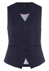 Kamizelka z tkaniny w kolorze granatowym o subtelnej fakturze, z dekoltem w serek, sześcioma guzikami i dwoma bocznymi kieszeniami. Wykończona paskowanym podszyciem.