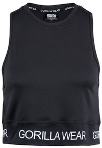Black cropped athletic tank top with a round neckline and white "GORILLA WEAR" logo on the hem and collar. Made from stretchable fabric.