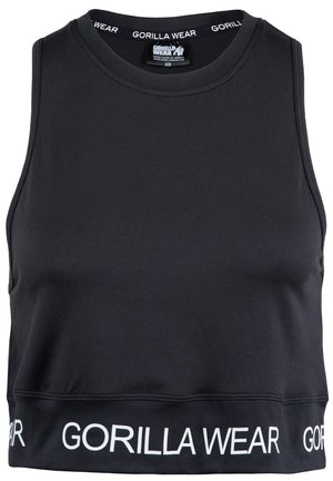 Black cropped athletic tank top with a round neckline and white "GORILLA WEAR" logo on the hem and collar. Made from stretchable fabric.