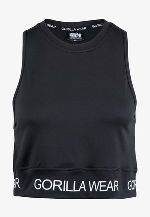 Zwarte cropped sporttop met een ronde hals en een witte "GORILLA WEAR" logo op de zoom en de kraag. Gemaakt van rekbare stof.