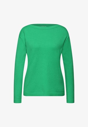 Grüner, gestrickter Pullover mit langen Ärmeln, weitem Halsausschnitt, gerippten Bündchen und glatter Textur. Das Design ist schlicht und einfarbig.