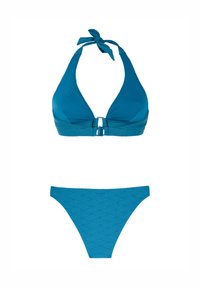 Teal bikini komplektas su halterio tipo viršumi, kuriame yra susukta juostelė ir po krūtine esanti juosta, derinamas su tekstūruotomis žemomis kelnaitėmis.