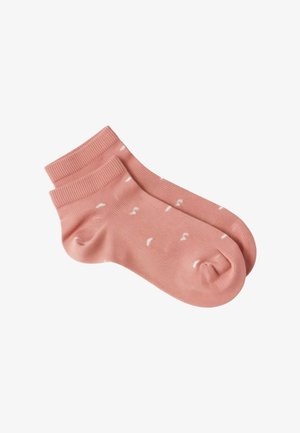 Coppia di calzini rosa alla caviglia con motivo a macchie bianche, polsini a coste e punta e tallone rinforzati.