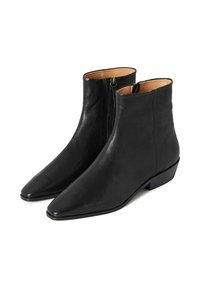 Botas de cuero negro hasta el tobillo con punta afilada, cremallera lateral y tacón bajo tipo bloque. Textura suave y diseño sencillo.